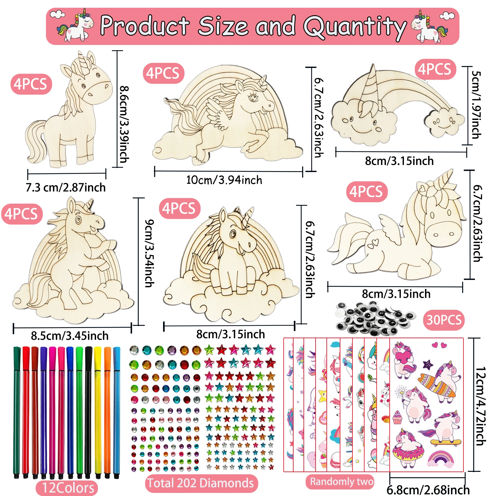 270PCS 나무 유니콘 수공예품 세트, DIY 나무 수공예품, 유니콘 수공예품 세트, 생일 선물 세트, 생일 파티 Handicra