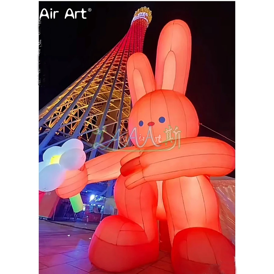 

Customized 5mH Cartoon Inflatable Bunny offering flowers with Led Cartoon Model Large Rabbit for Event or Advertising