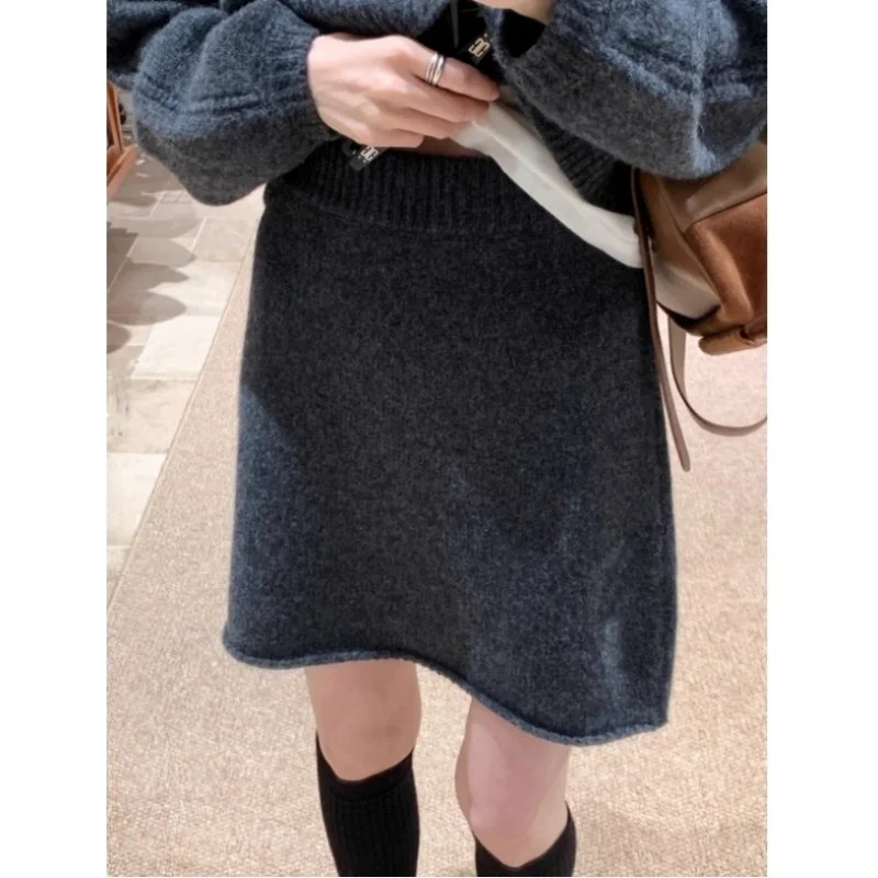 100% wool round neck knitting suit women's padded sweater skirt two-piece suit