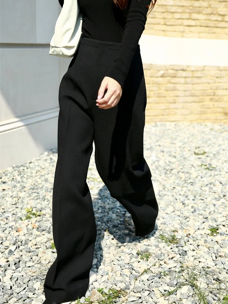 

FANNIU Осенне-зимние шерстяные повседневные брюки с высокой талией, прямые, с креповой текстурой, черные, с диагональным узором, женские, премиум-качество