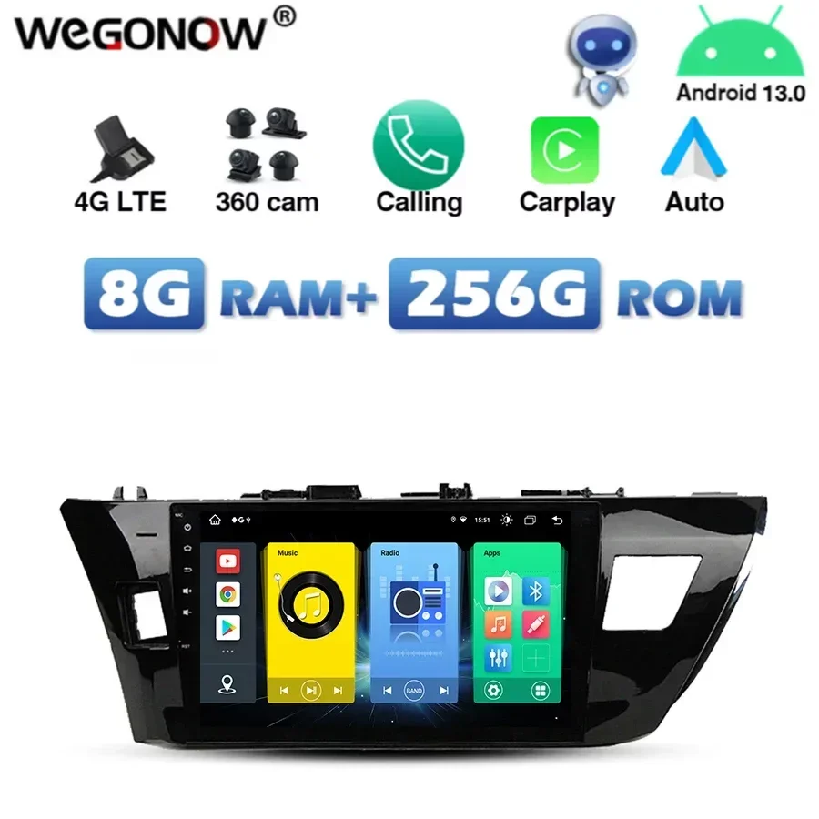 360 4G SIM Wireless Carplay Auto Android 13.0 8G+256G Car DVD Player Wifi Bluetooth RDS RADIO GPS For Toyota Corolla 2014 2015