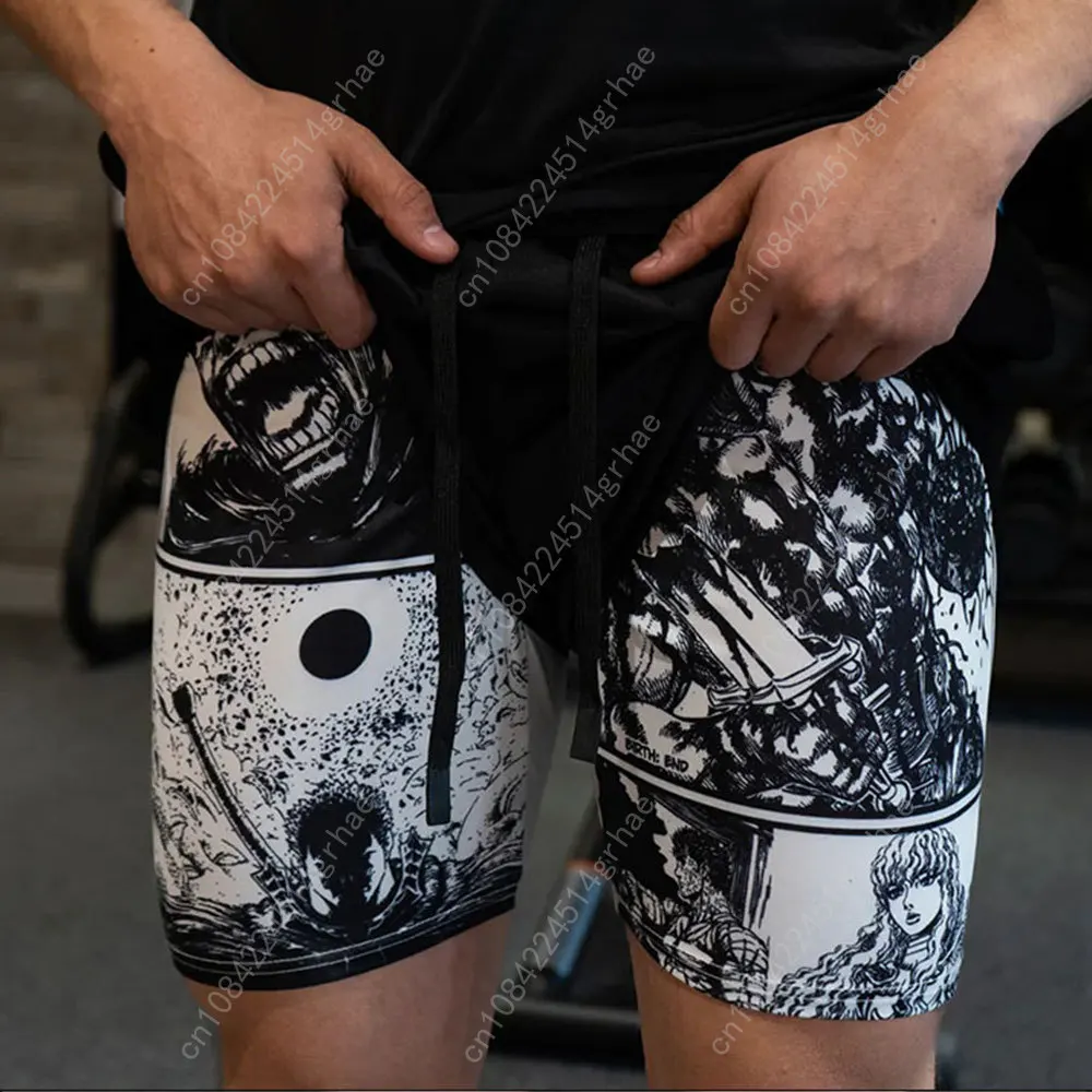 Y2K Compression Shorts Skull Print 2 in 1 Gym Shorts for Men Active Athletic 5 Inch Quick Dry Stretchy Training Fitness Workout