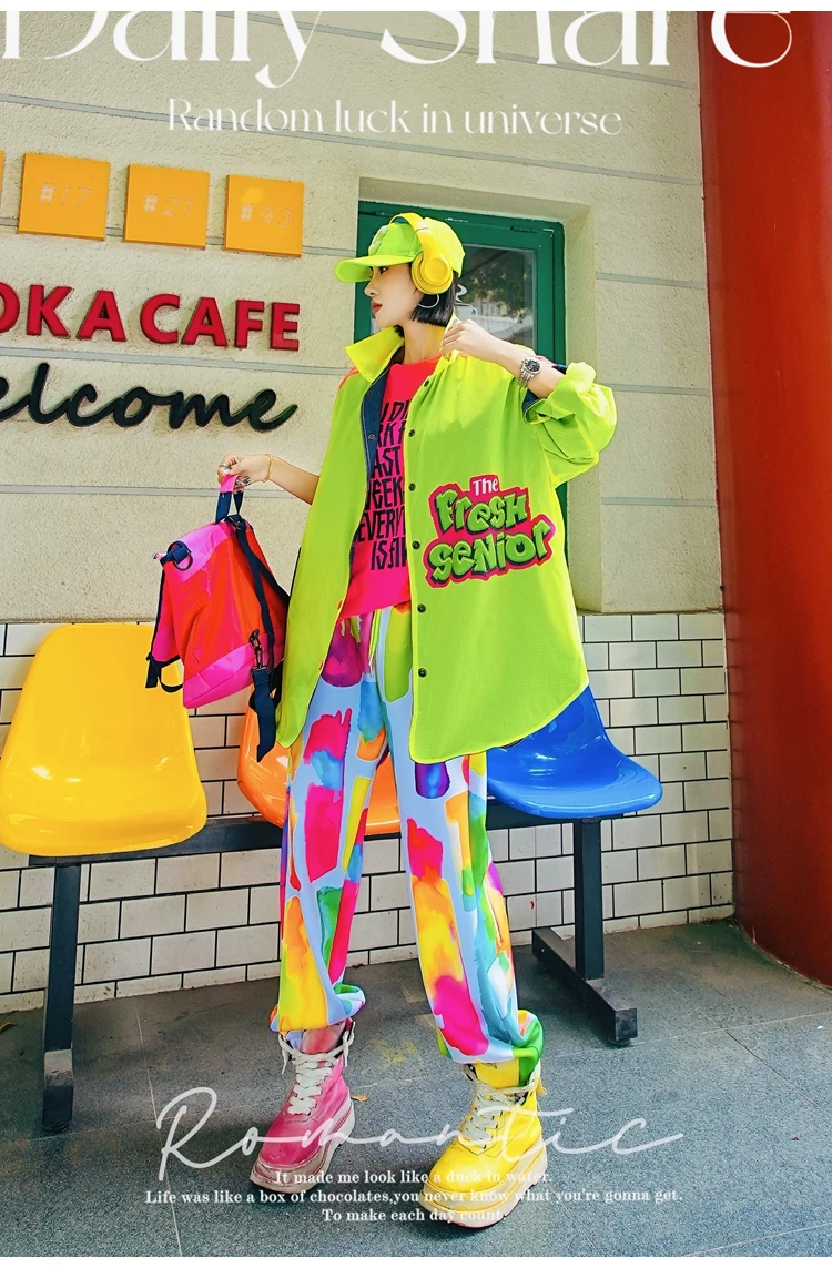 Rose Red Colorful Letter Casual Shirt Women Spring Autumn Blue Contrast Pocket Trendy Loose Sun Protection Jacket Reversible