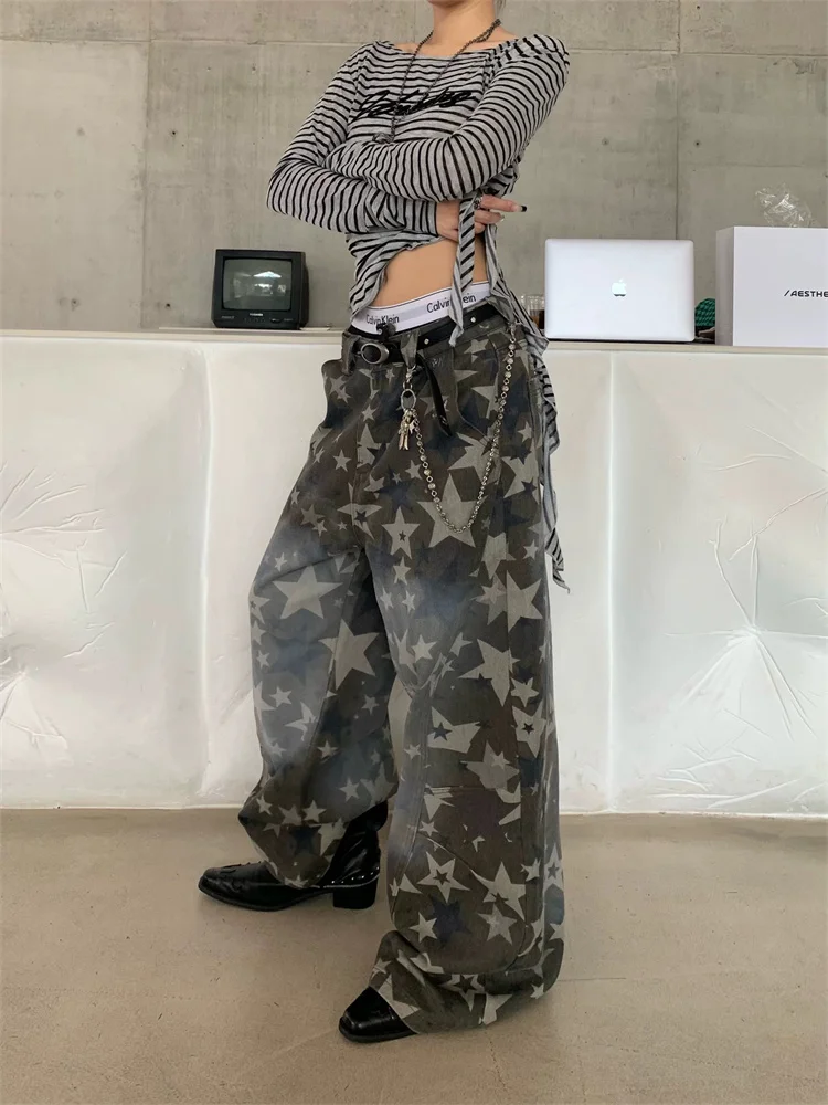 

Женские джинсы-карго с принтом «звезды», свободные широкие брюки, деним с градиентом, винтажный американский стиль, повседневные универсальные длинные брюки