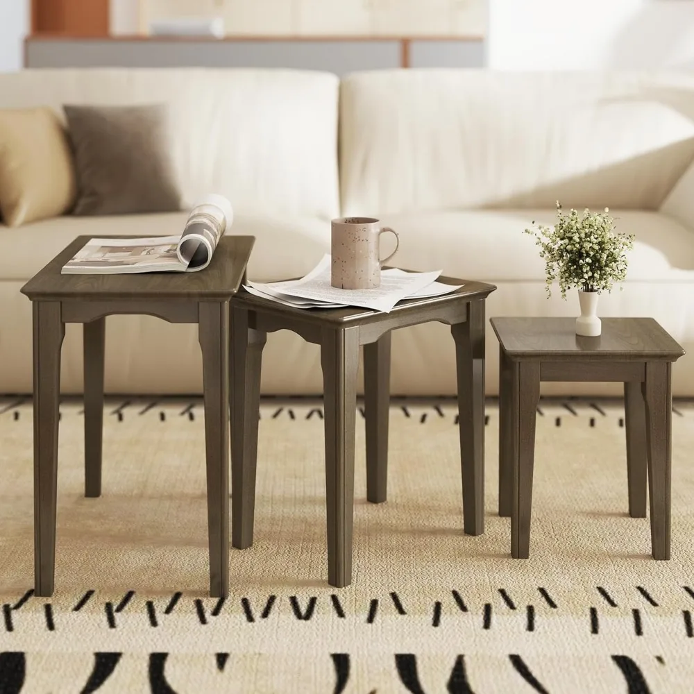 Tavolini da caffè impilabili Set di 3 tavolini piccoli in legno per soggiorno, bagno, camera da letto, tè basso, marrone