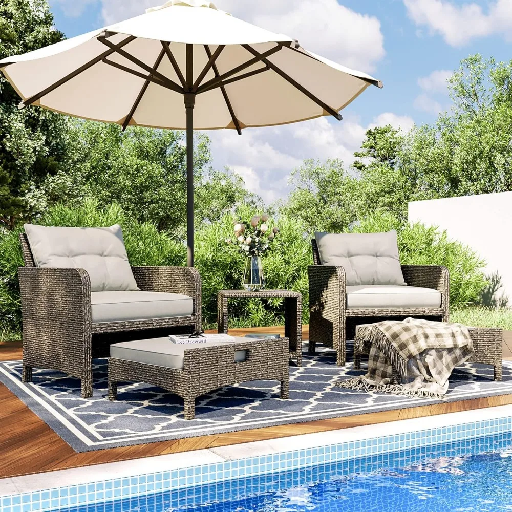 

5 Pieces Wicker Patio Furniture Set Outdoor Patio Chairs with Ottomans Conversation with coffetable (Grey Cushion +Grey Rattan)