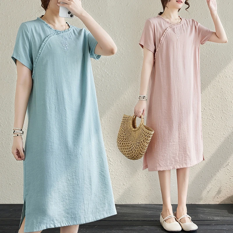 

Embroidered Linen Dr Vintage Artistic Pure Color Midi Skirt Commute Sle Loose Fit round Ne ort Sve Dr