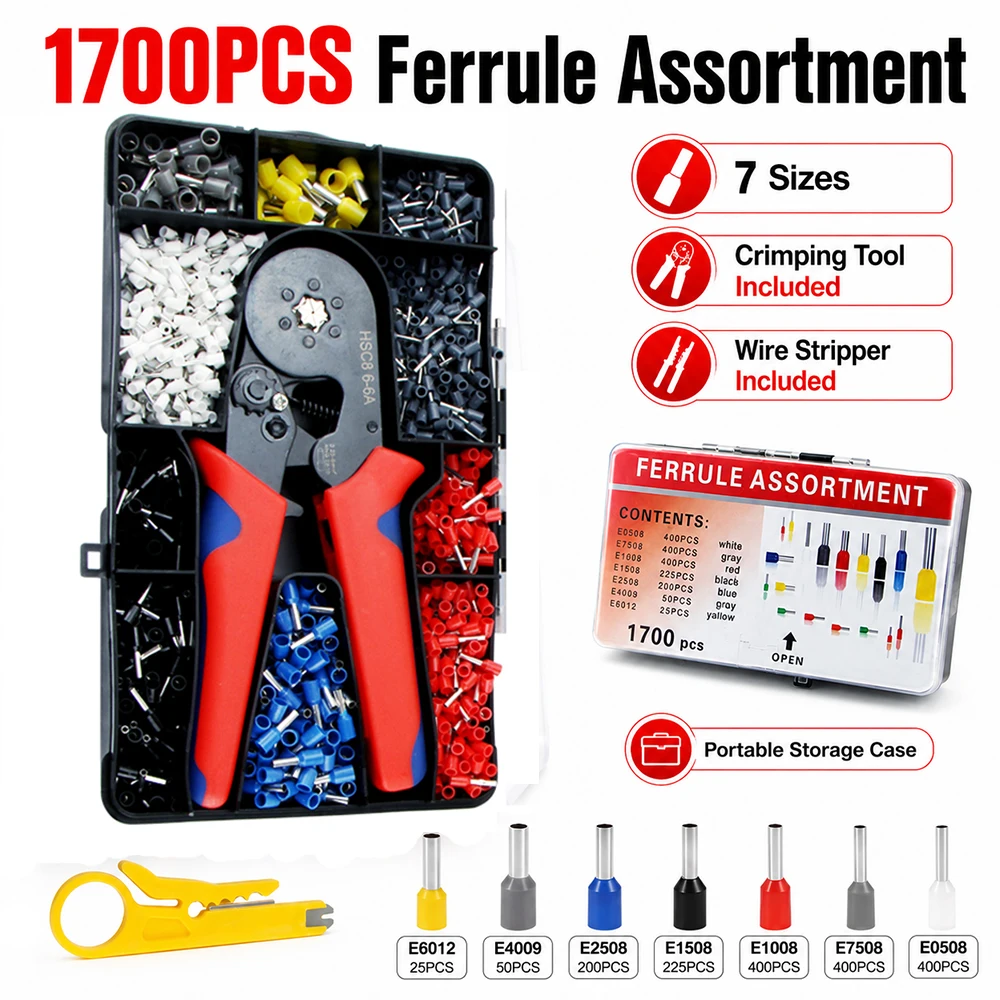 1700PCS Ferrule Crimping Tool Kit HSC8 6-6A Mini Hexagonal Crimper Plier Wire End Terminals Mini Wire Stripper