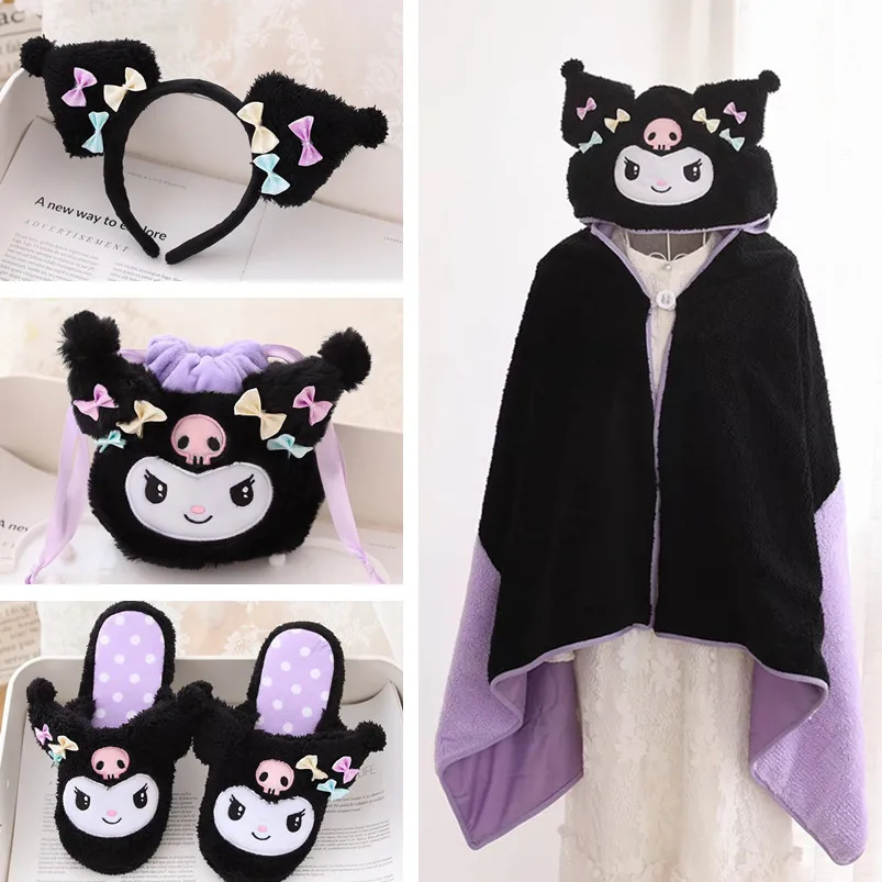 Sanrio Kuromi Áo Choàng Ấm Mũ Trùm Khăn Choàng Ngủ Trưa Sofa Giường Chăn Văn Phòng Trơn Dây Rút Bỏ Túi Hoạt Hình Quà Tặng Cho Bé Gái Kawaii