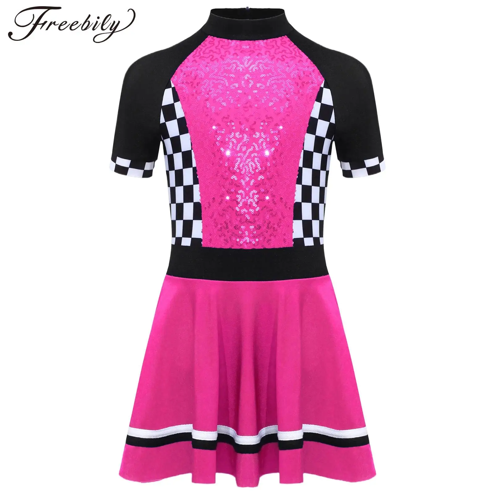 

Детская праздничная одежда, детский костюм гонщика для косплея, гоночный автомобиль для девочек, клетчатое платье с блестящими пайетками, нарядное платье на Хэллоуин