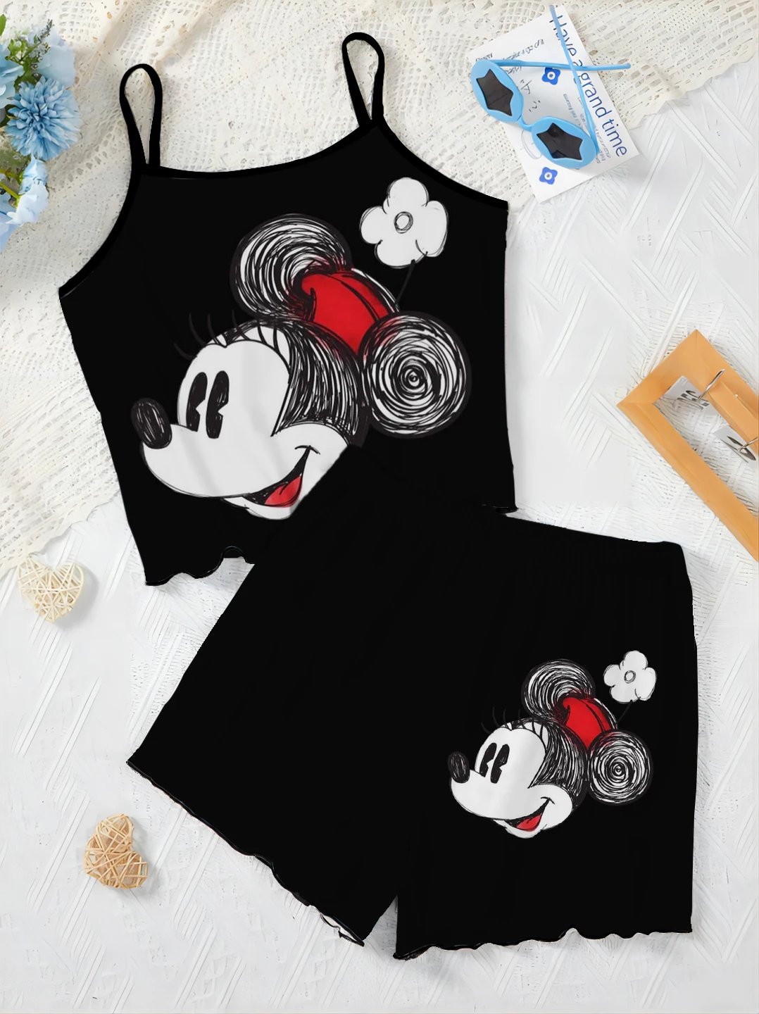 T-Shirt Home Dress Minnie Mouse Disney Sla Trim Korte Sets Voor Dames 2 Stuks Pyjama Rok Dames Pak Mickey Elegante Top