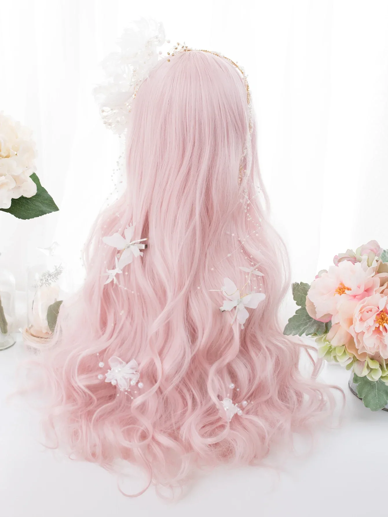 26Inch Peach Pink Color Synthetic Wigs With Bang Long Natural Wavy Hair Wig for Women Daily Use Cosplay Daily Use Heat Resistant