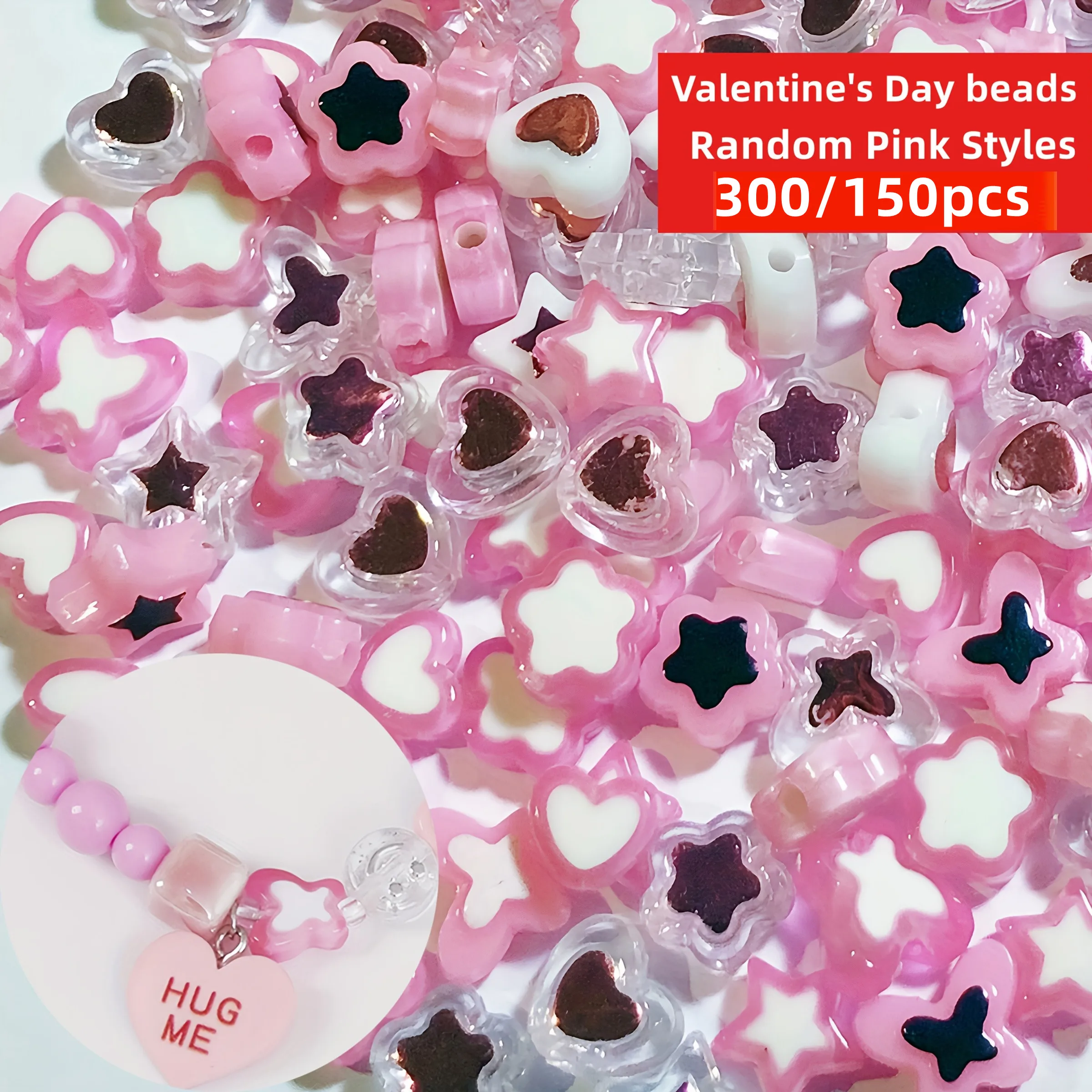 300/150pcs 8-10mm Random Styles Pink Peach Heart Pentagram Acrylic Beads Valentine's Day DIY Bracelets, Jewelry Making