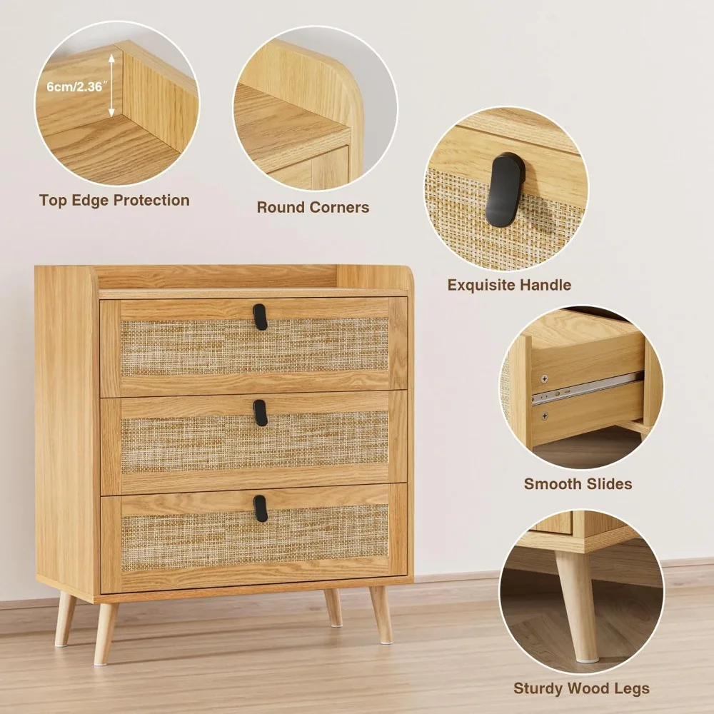 3 Drawer Rattan Dresser for Bedroom, Chest of Drawer, Modern Wood 3 Drawer Dresser with Natural Rattan Drawer for Entry