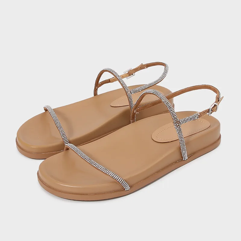 

Za women's shoes 2024 summer new thin strap decorated rhinestone flat bottom fashion thick sole sandals women's one buckle strap