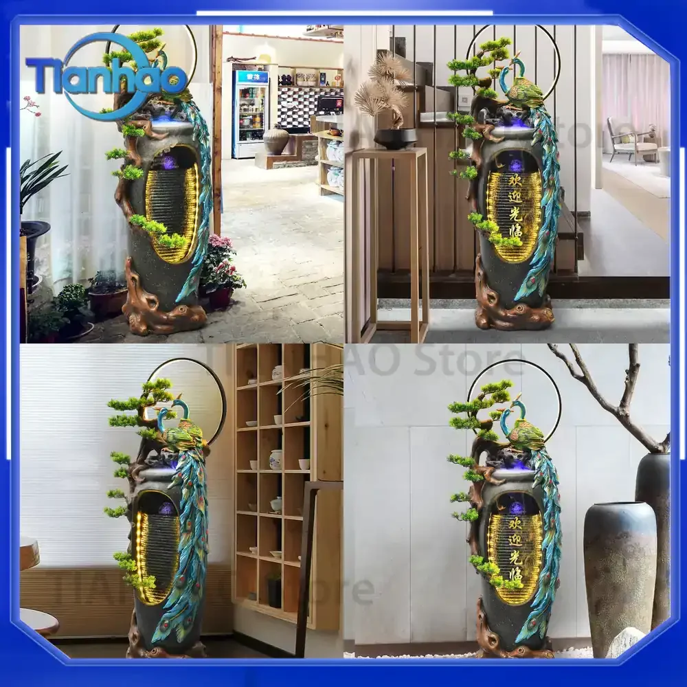 Chinese Style Water Fountain Statue with Peacock Design for Living Room Feng Shui Wheel for Entrance Indoor Decoration for