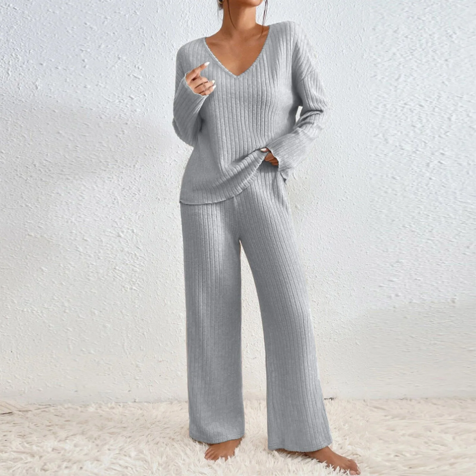 Damen Geripptes Strick-Zweiteiler-Set V-Ausschnitt Langarm-Oberteil Weite Hose Herbst Locker Lässige Loungewear Eleganter Hausanzug – Detail 10