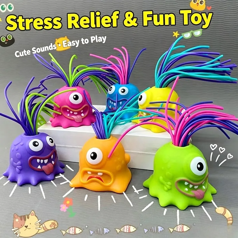 Pull Hair Monster Stress Relief Toy with Sound and Light Funny Squeeze Sensory Fidget Toy for Kids Adults Anxiety Relief