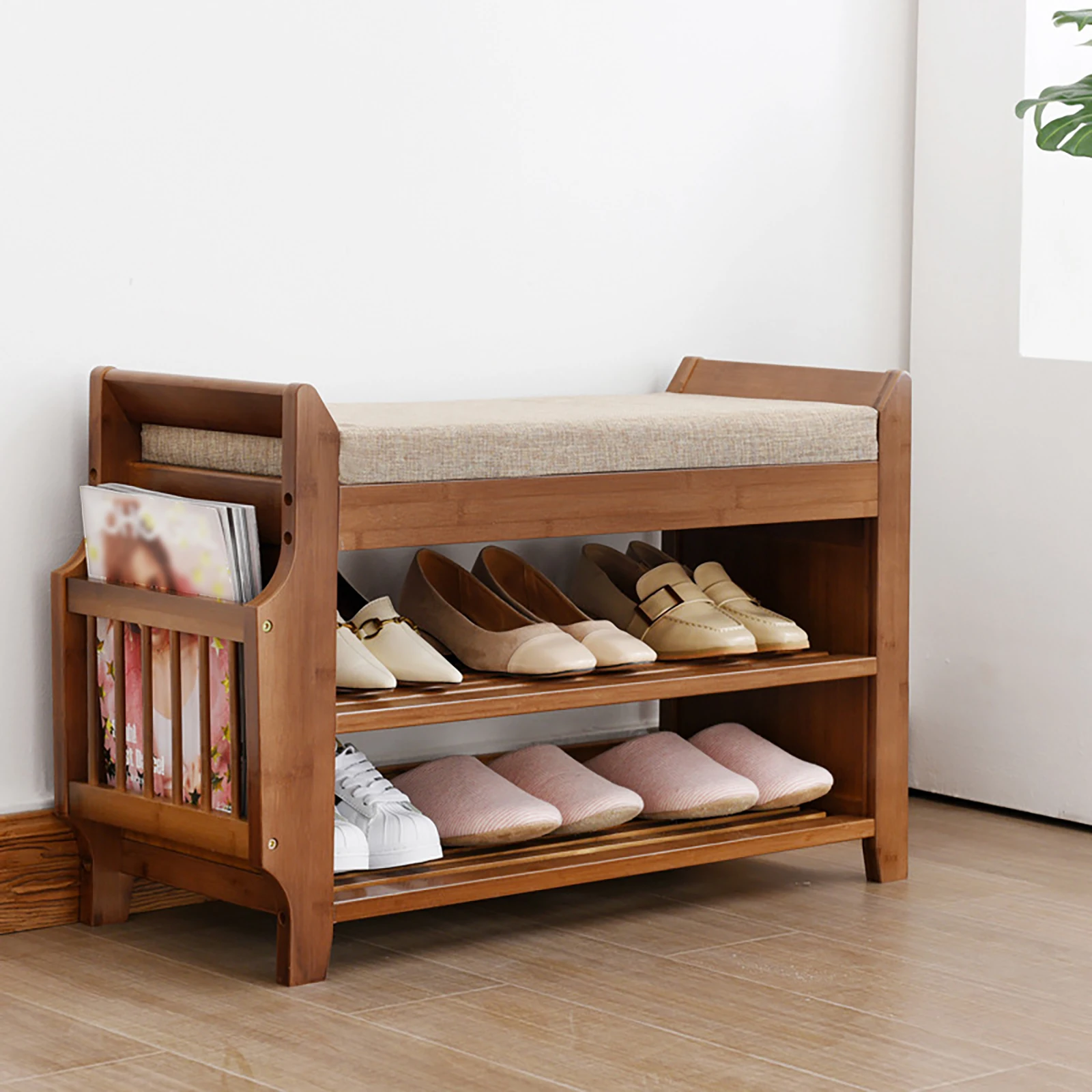 

2 in 1 Bamboo Shoe Rack Bench 2-tier Entryway Shoe Organizer＋Removable Cushion