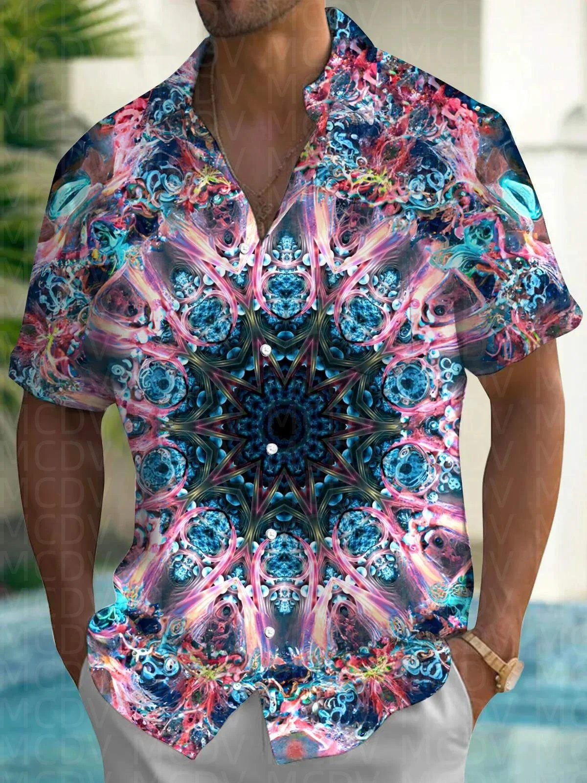 Color Rose Flower Pattern Men's Hawaiian Shirt Stretch Easy Care Camp Shirt Big Tall