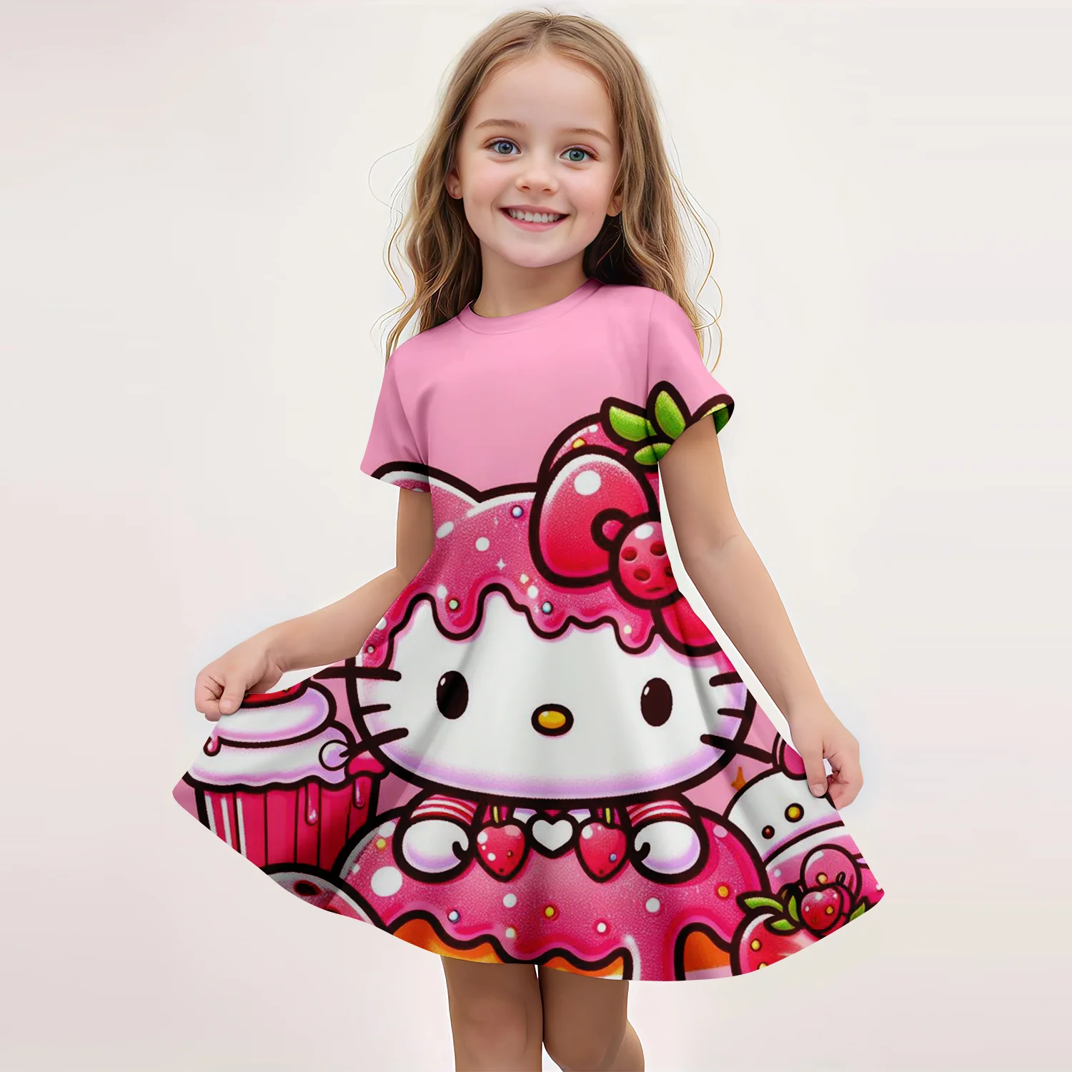 MINISO 2024 New Girls Summer Dress Fashion Cartoon Cute Hello Kitty 3DPrint Dresses Girl Short Sleeve Princess Vacation Clothing