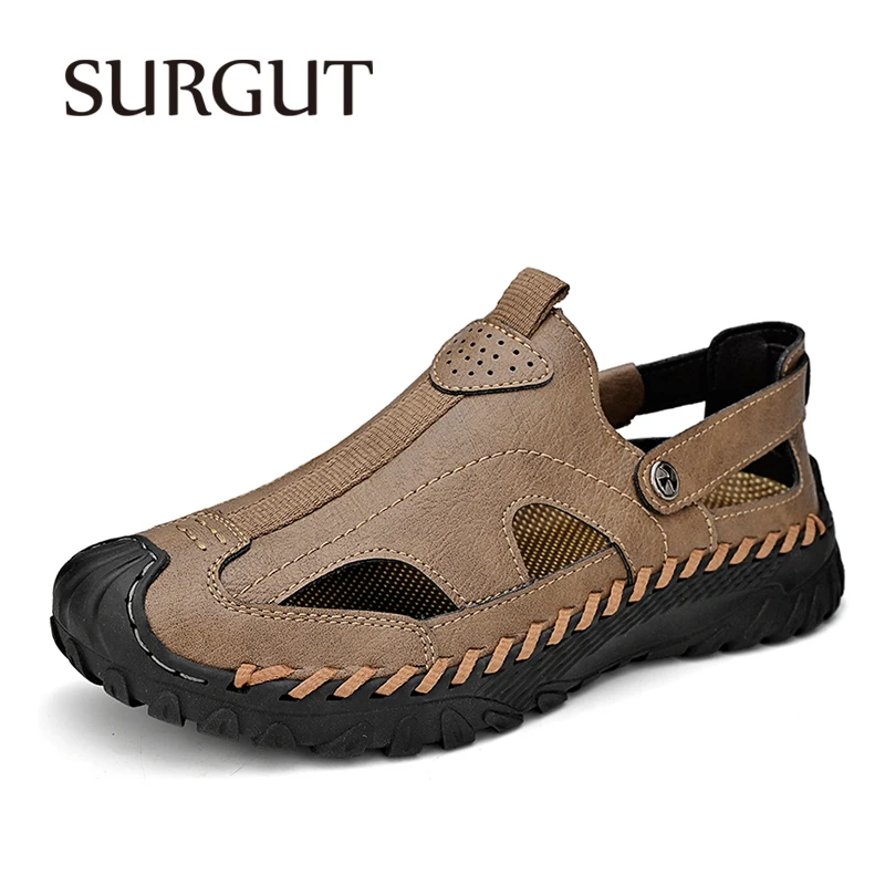 

SURGUT Brand 2024 Summer Cowhide Sandals For Men Beach Shoes Casual Handmade Leather Sandals Breathable Outdoor Big Size 38-46