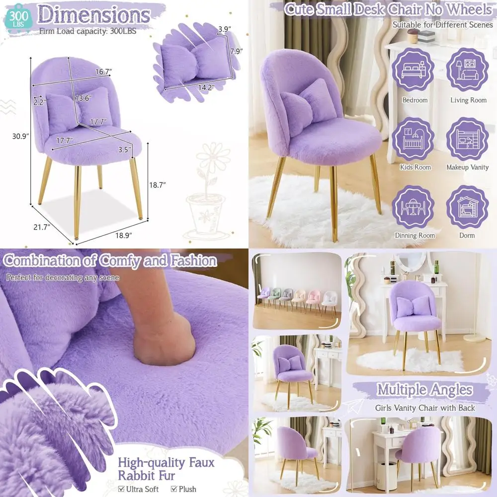 

Compact Comfortable Vanity Chair with Adjustable Gold Legs, Ideal for Makeup, Desk Use, and Small Spaces