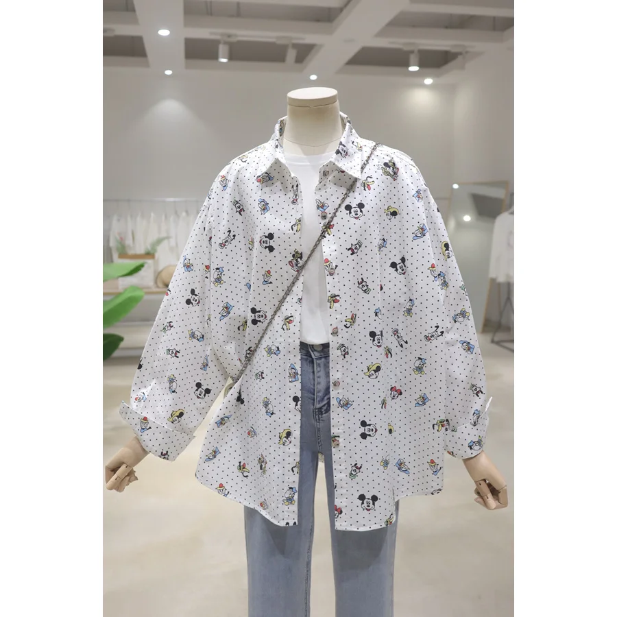 Full Body Polka Dot Age-reducing Cartoon Single-breasted Shirt New Autumn Loose Medium And Long Cotton Long-sleeved Blusas Women