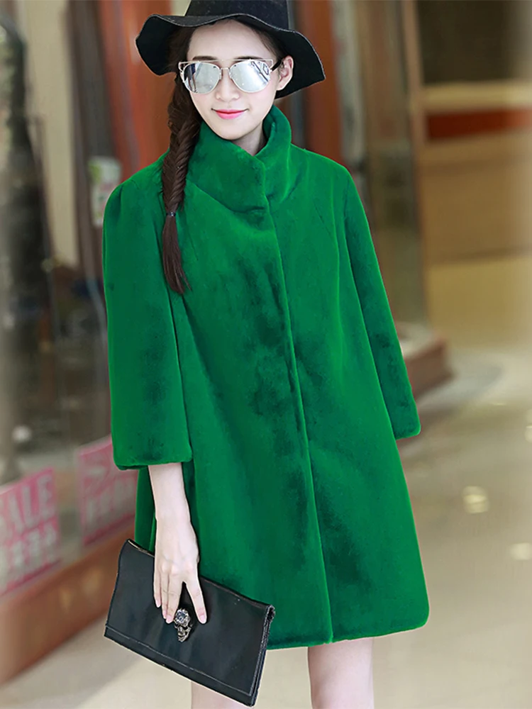 Nerazzurri Spring Winter Green Soft Loose Warm Faux Fur Coat Women 3/4 Sleeve Stand Collar Luxury Fluffy Jacket 2022 Fashion