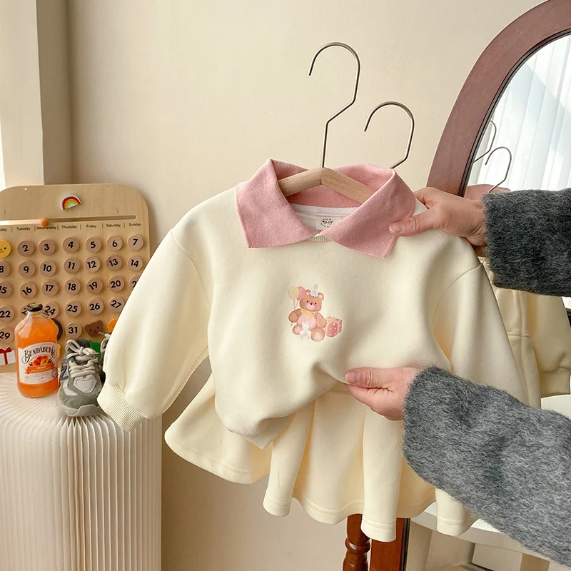 Girls Sweatshirts +Skirts Kids Suits 2PCS/Set 2023 Apricot Spring Autumn Cotton High Quality Sport Uniforms Children Clothing