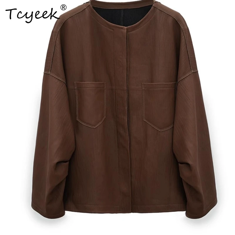 Tcyeek 리얼 양가죽 봄 가을 하이엔드 레트로 라운드 넥 여성용 천연 가죽 재킷 여성용 진짜 가죽 재킷