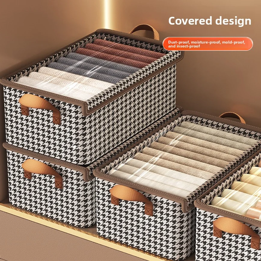 Plaid Quilt Storage Box With Lid Foldable Wardrobe Organizer Large Clothes Pants Storage Basket Household Clothing Container
