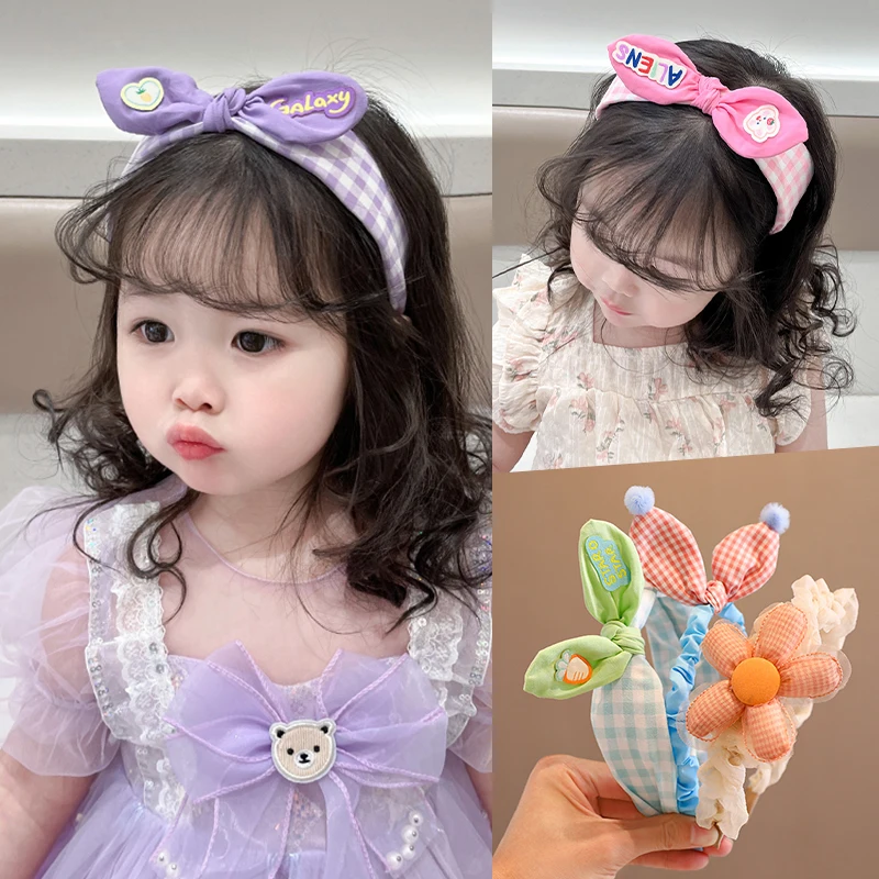 2023 Baby Girls Cute Stereoscopic Rabbit Ears Flower Headband Kids Checker Printing Hair Bands Children Acrylic Hair Accessories