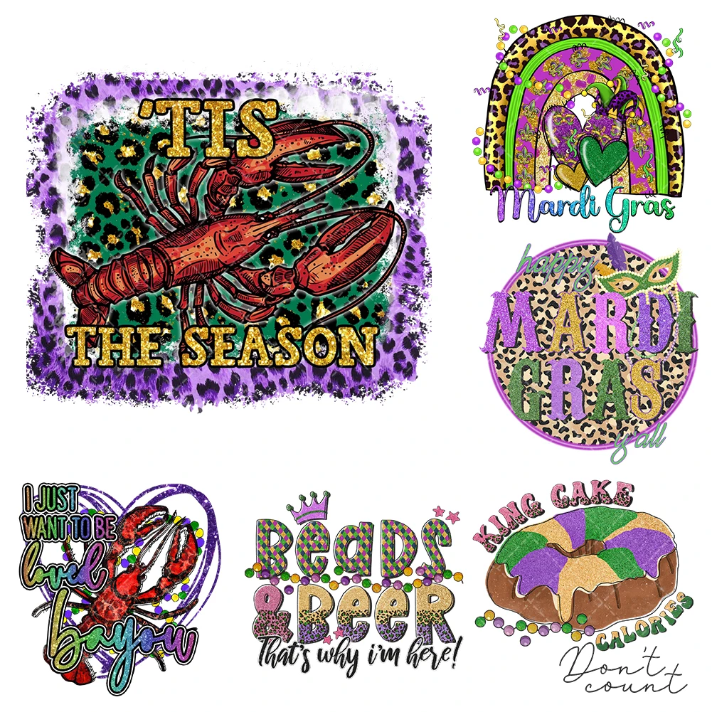 New Mardi Gras Iron On Heat Transfer Stickers For Clothes DTF Pinted Vinyl Thermal Appliques Washable T-Shirt Decal