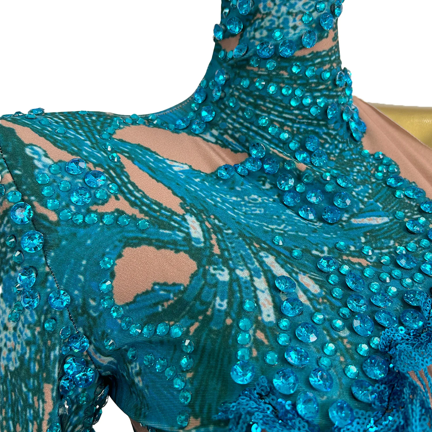 Duxiu Sparkly Blue Tassel Diamond One Shoulder Sleeve Bodysuit Women Sexy Skinny Party Singer Dancer Performance Stage Outfit