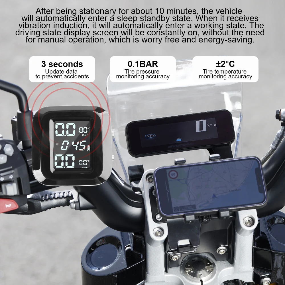 دراجة نارية TPMS نظام مراقبة ضغط الإطارات 2 أجهزة استشعار شاحن USB بالطاقة الشمسية ساعة رقمية إنذار الأمن دراجة نارية اختبار الإطارات