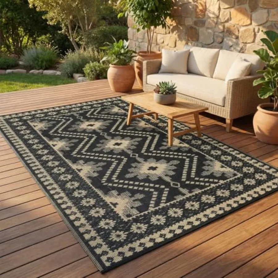

9x18 Brown Outdoor Rug, Waterproof Plastic Straw Reversible Ethnic Geometric Patio Mat, Symmetrical Tribal Pattern Washable RV