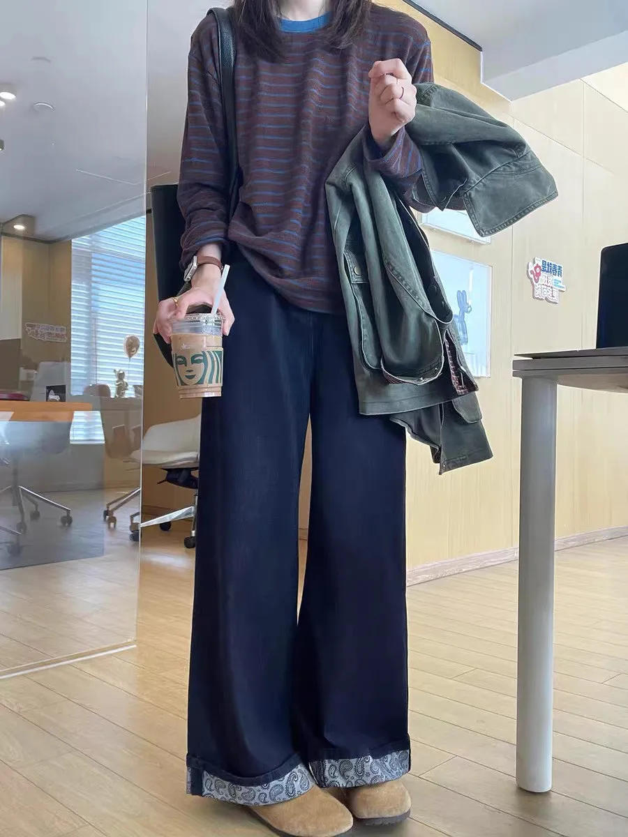 Retro Women's Stright Jeans Spring 2026 New High Waisted Rolled Edge Denim Pants Trendy Casual Commuting Wide Leg Trousers