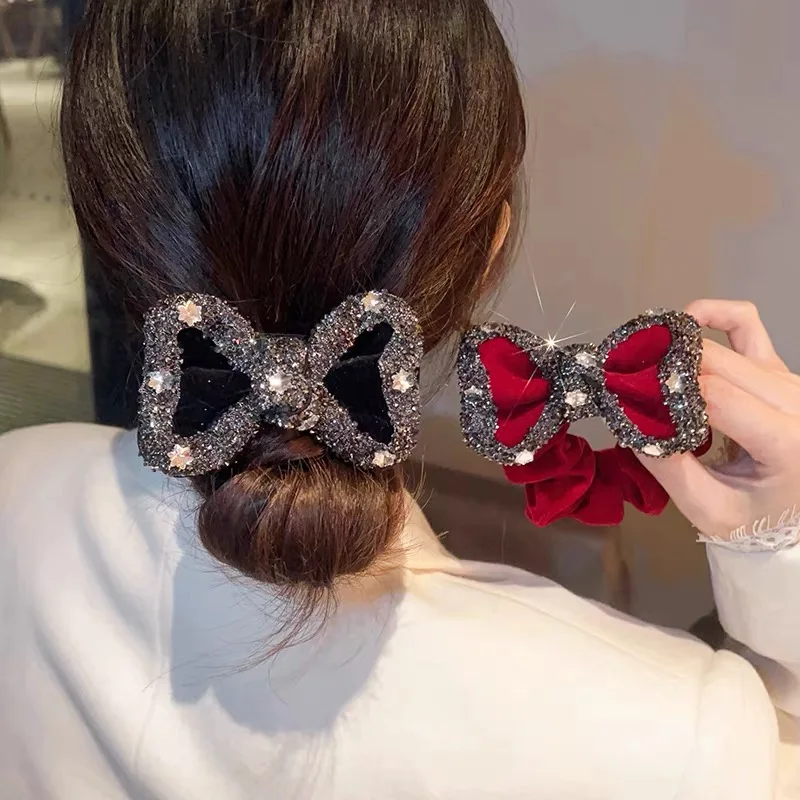 AWAYTR Rhinestones Bow Hair Ring Japanese Wavy Hair Tie Shiny Head Flower Tie Hair Rubber Band Korean Girl Women Head Rope