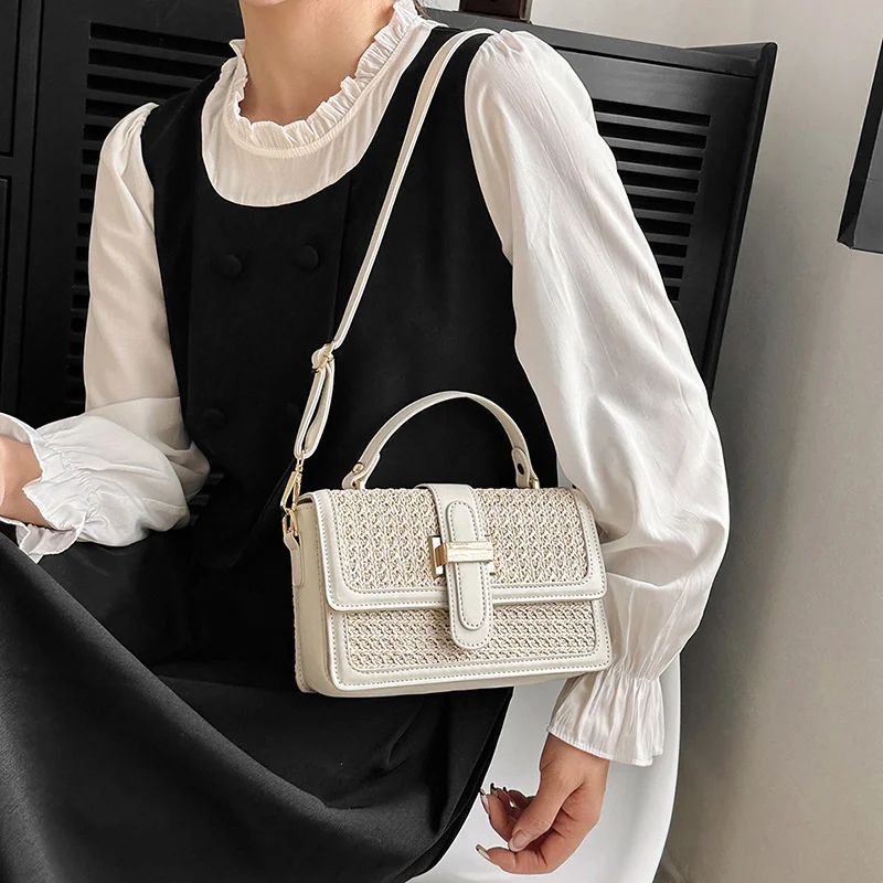 New Trendy Women's Woven Straw Woven Handbag 2024 Light Luxury Design Metal Buckle Flip Shoulder Crossbody Commute Bag