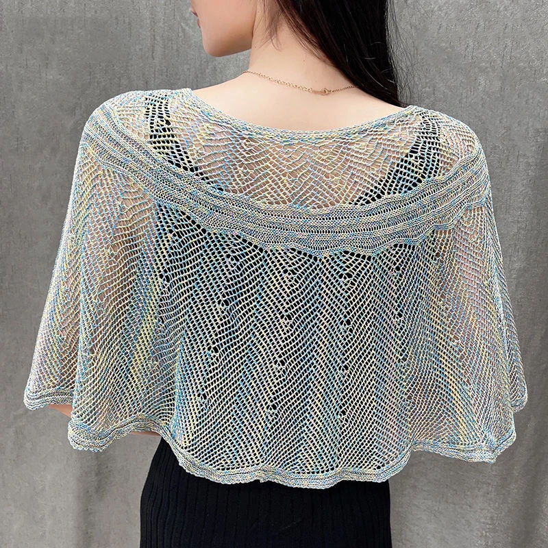 Korean Ice Silk Hollow Pearl Sunscreen Shawl Female Summer Air Conditioning Neck Protection Pullover Knit Cloak Women\'s Cape R72