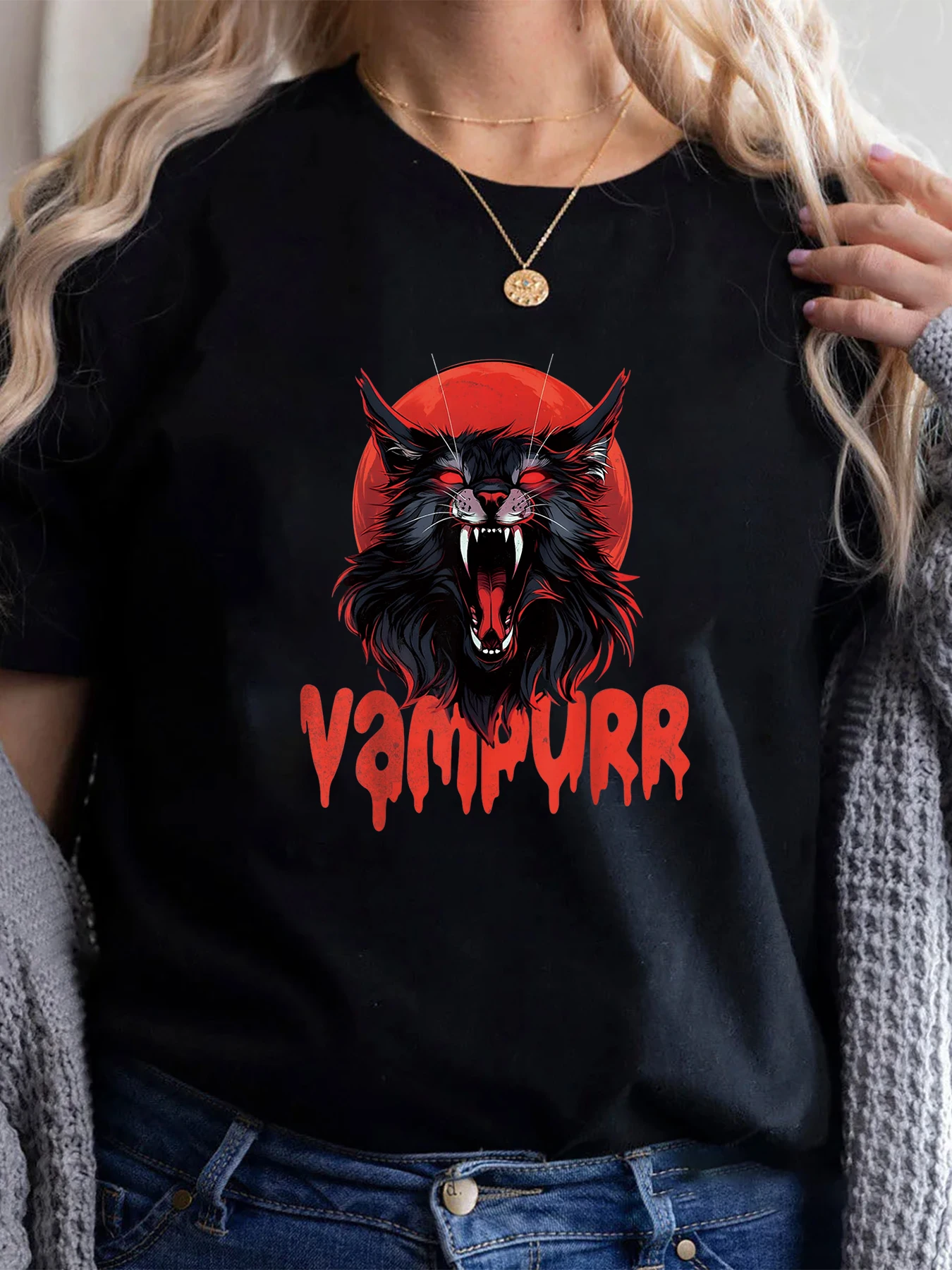 Vampurr Coon Spooky Vampire Halloween Maine Coon Cat Women\'s Casual Summer T-Shirt O-Neck Tops Femminile Tee Graphic Tshirt