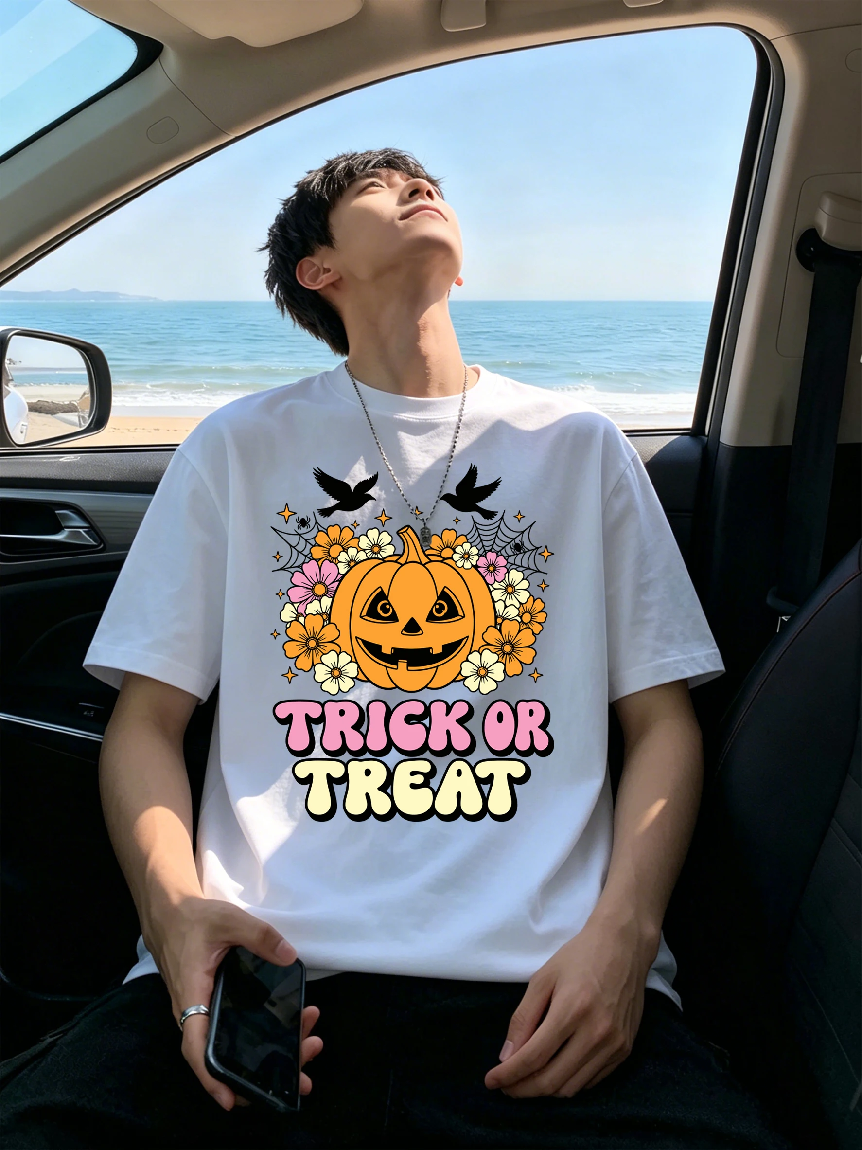 Trick Or Treat Pumpkin Print Cool Thin T-Shirt Mens Summer Cotton T Shirts All-Match Casual Short Sleeve Crewneck Streetwear