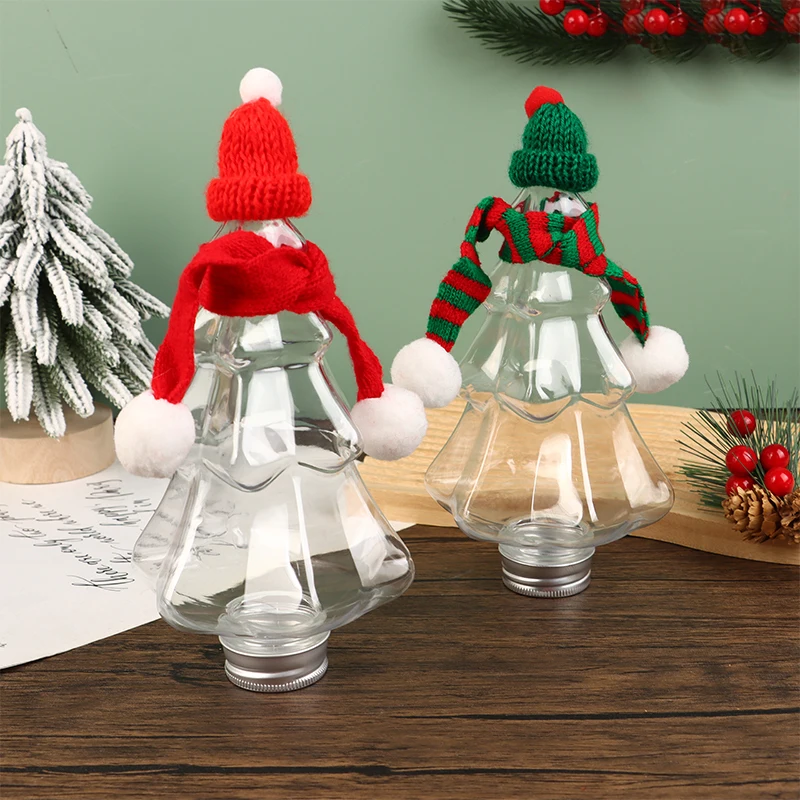 1Set 400ml Christmas Tree Tree Bottles with Lids Hat Scarf Clear Juice Plastic Reusable Xmas Beverage Container Party Decor