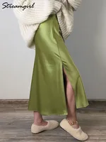 Midi Satin Skirts Women Luxury Summer Black Formal Silk Office Skirt With Slit A Line Green Midi Skirt Burgundy Women Elegant
