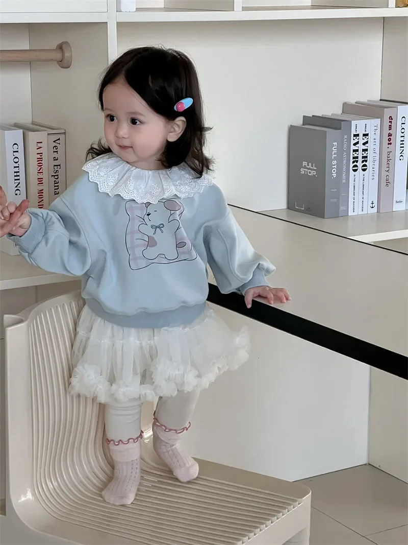 

MILANCEL новый весенний комплект одежды для малышей от 9 месяцев до 3 лет, милая толстовка с кружевным воротником и собакой для девочек, сетчатые брюки-кюлоты для малышей