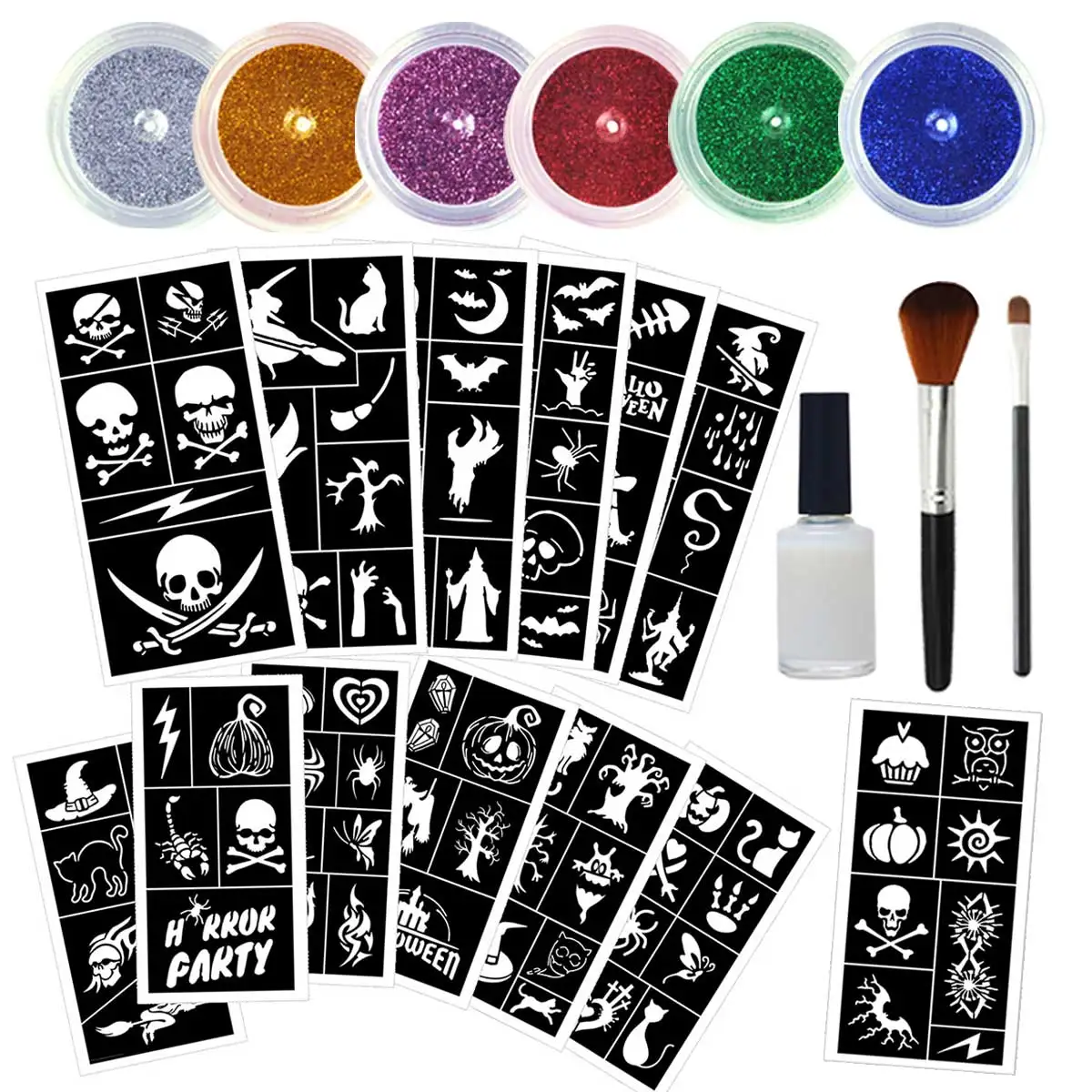 임시 플래시 문신 세트, 바디 페인팅을 위한 6가지 색상의 재미있는 플래시 문신, 13가지 할로윈 테마 중공 템플릿 패턴 및 얼룩 브러쉬 포함, 적용 및 제거가 용이함, 할로윈 무대 메이크업, 졸업 동창회 행사, 휴일 선물, 파티 장식, 여행 음악 축제에 적합