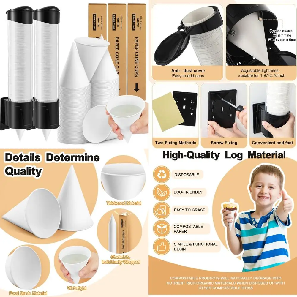 

Thickened Disposable 4 oz Paper Cone Cups with Wall Mount Dispenser for Restaurant Use - 600 Pieces