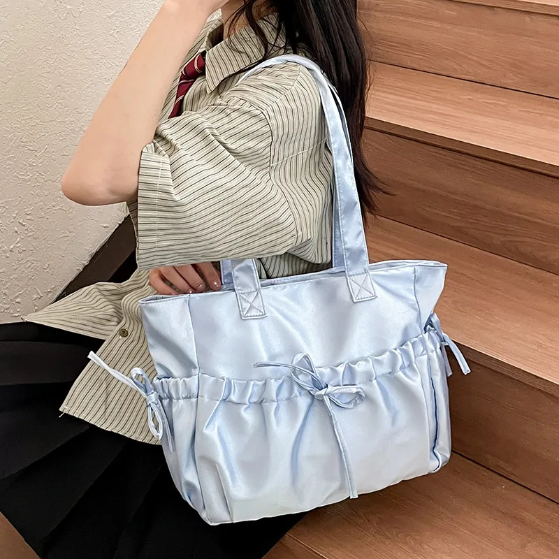 Satin Ballet Style Pleated Bow Girls Shoulder Bags Sweet Candy Color Ladies Underarm Bag Korean Casual Women Laptop Large Tote view 3