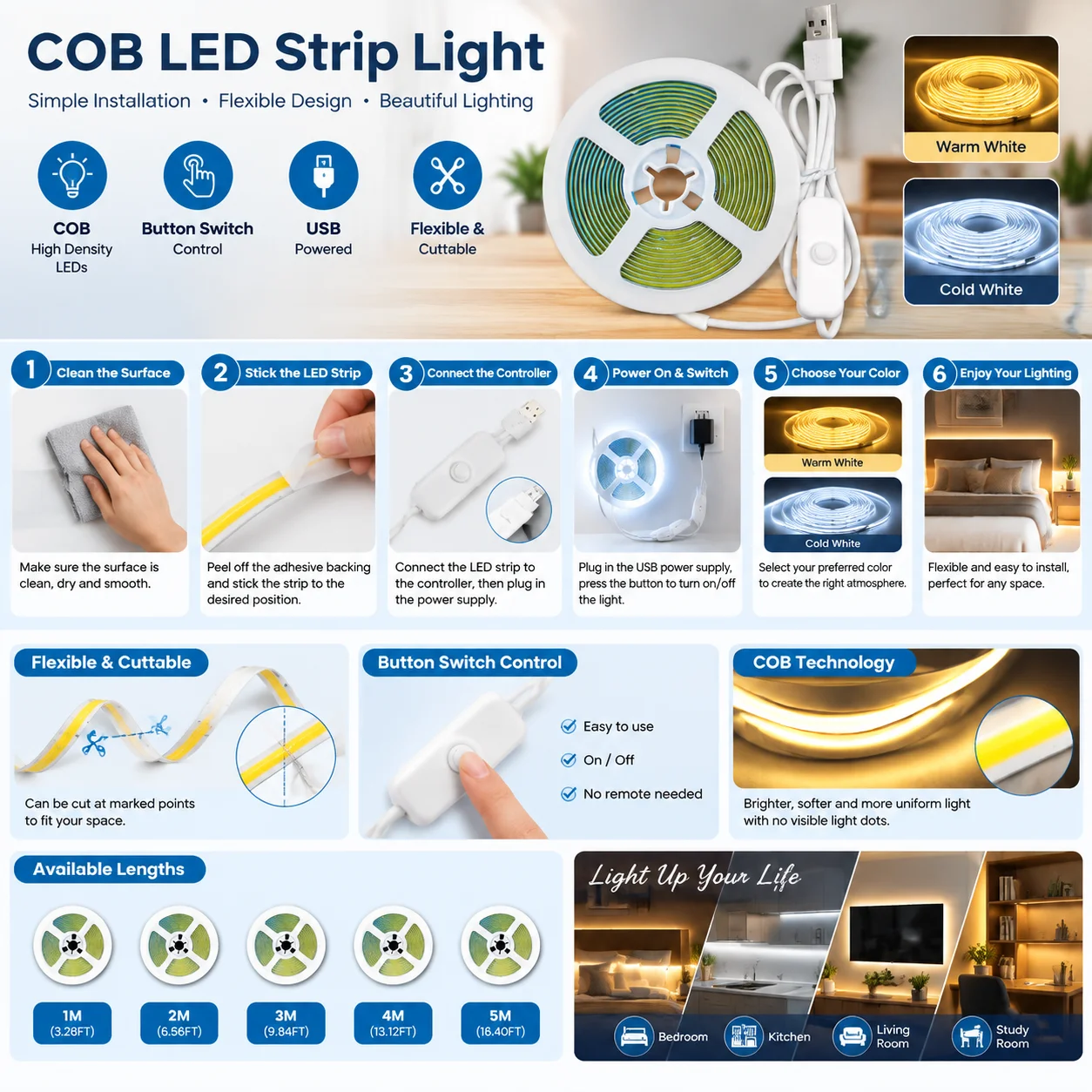USB COB LED Strip Light, Button Switch Control, Self-adhesive Cuttable, Warm/Cool White, 1-5M, for Cabinet, Bedroom, TV Backdrop